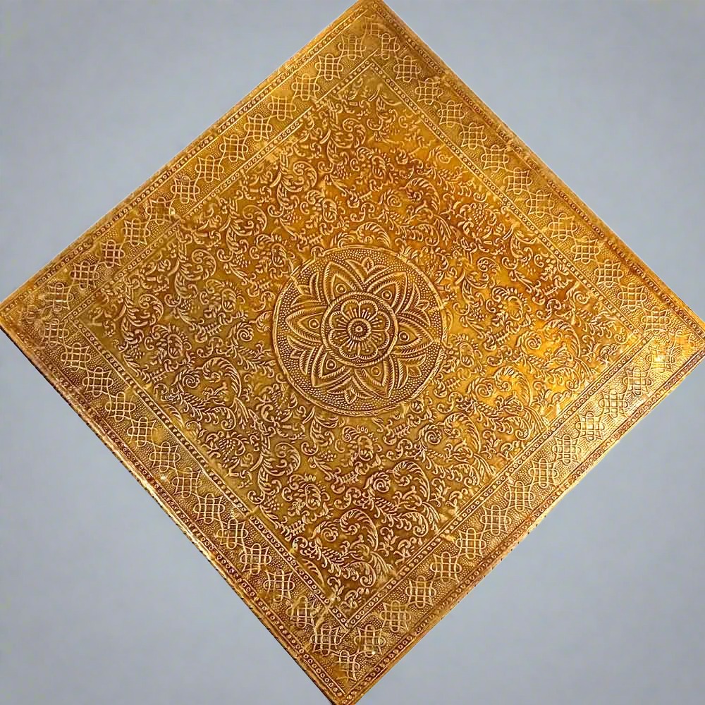 Beautiful wooden chowki adorned with detailed metal sheet work, suitable for sitting during ceremonies