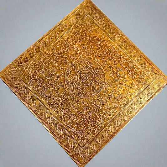 Beautiful wooden chowki adorned with detailed metal sheet work, suitable for sitting during ceremonies