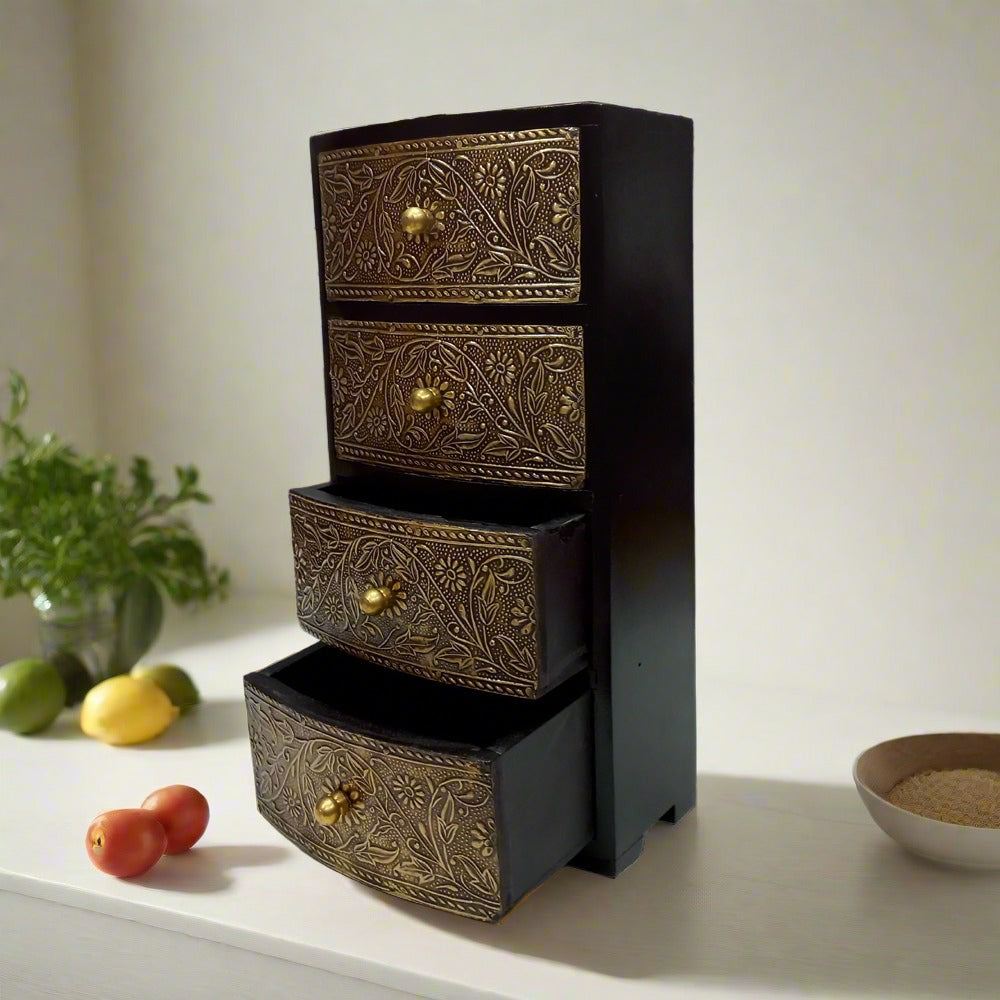 Decorative wooden drawer box with metal sheet adorned with intricate flower leaves, ideal for storing jewelry or small items.