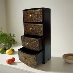 Decorative wooden drawer box with metal sheet adorned with intricate flower leaves, ideal for storing jewelry or small items.