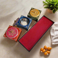 Decorative wooden dry fruit box with three compartments and steel bowls, enhancing the beauty of kitchen and dining spaces.