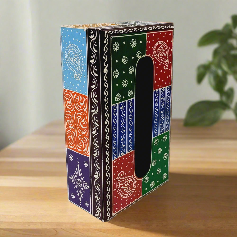 Decorative handcrafted wooden tissue box featuring colorful paintings and fine workmanship.