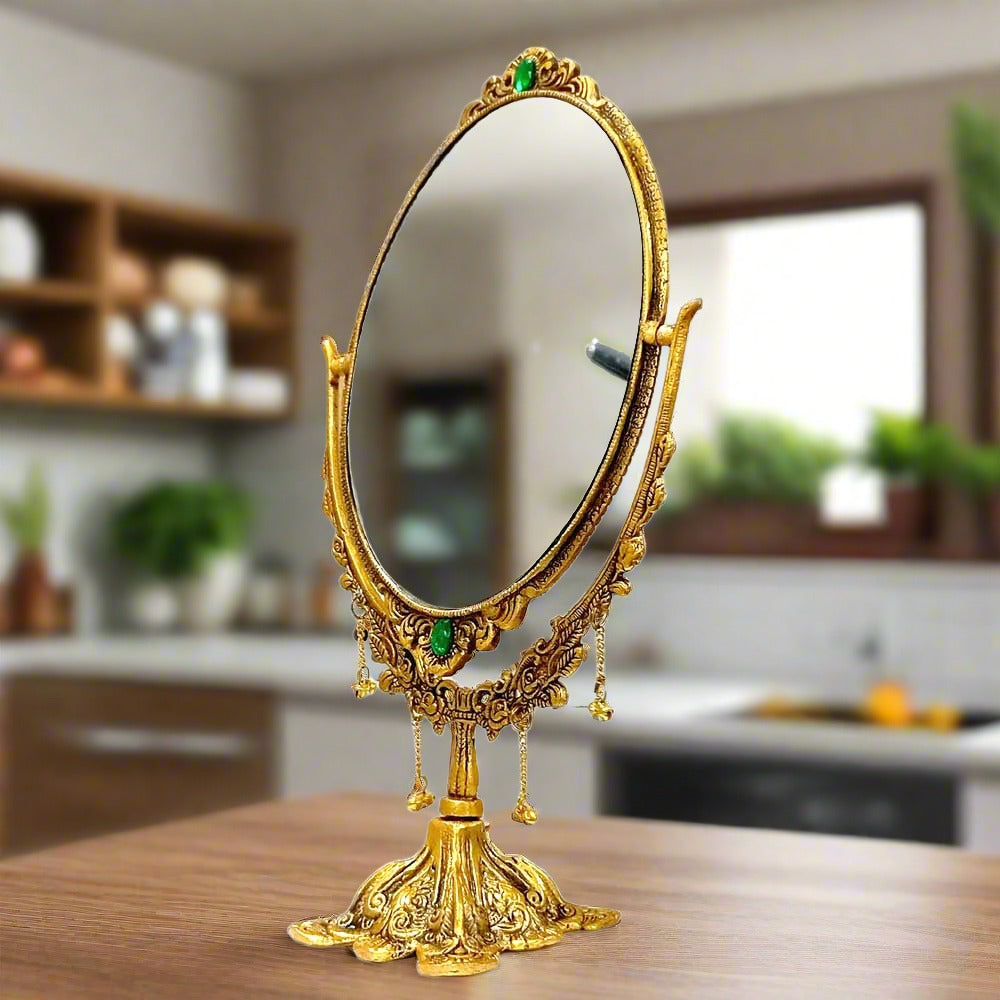 A beautiful double-sided desk mirror, perfect for brides and women for makeup.