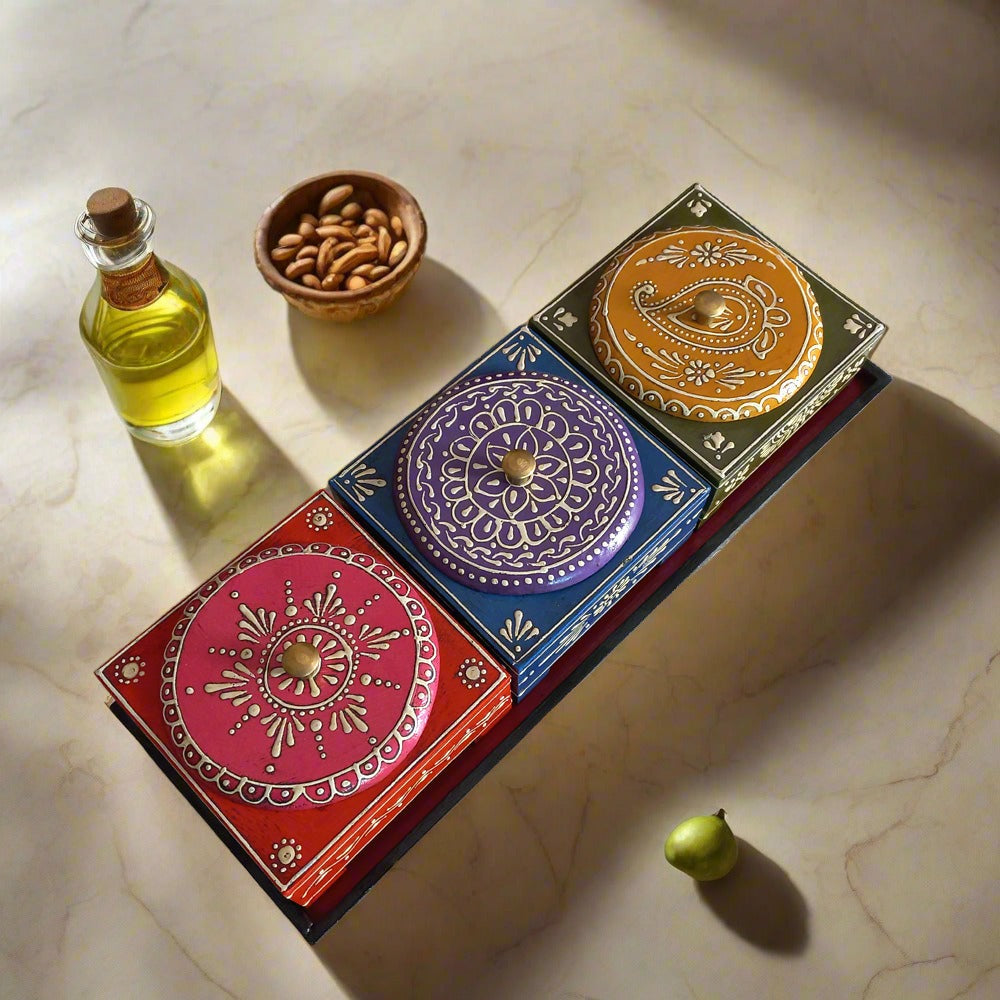 Elegant wooden dry fruit storage box with three steel bowl inserts, a perfect gift for weddings and anniversaries.