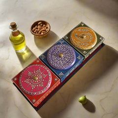 Elegant wooden dry fruit storage box with three steel bowl inserts, a perfect gift for weddings and anniversaries.