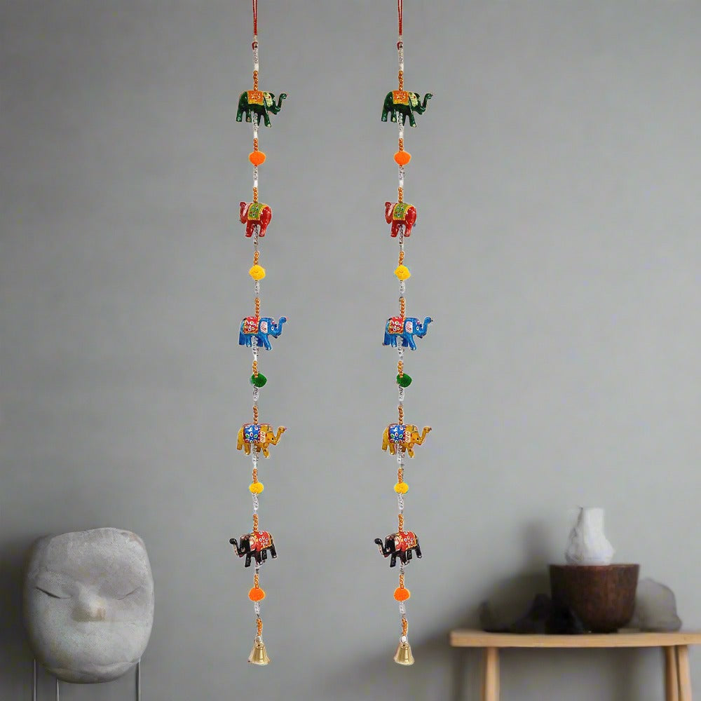 Hand painted papier-mâché elephant toran with five elephants, golden bell, beads, and threads for traditional decor