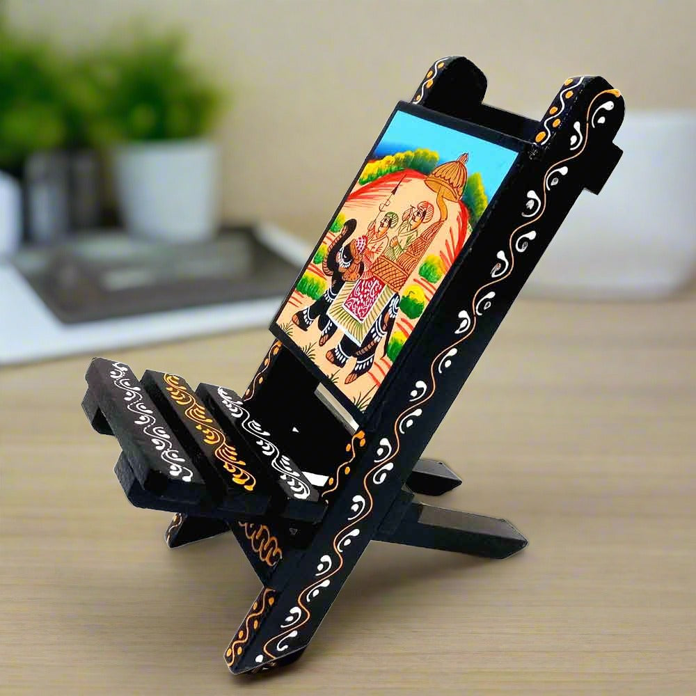 Wooden mobile stand featuring beautiful emboss painting and unique, portable folding design
