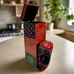 Embossed wooden wine bottle box featuring detailed hand-painted elephant motif, perfect for gifting.