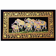 Front view family elephant silk painting symbolizing strength unity good fortune
