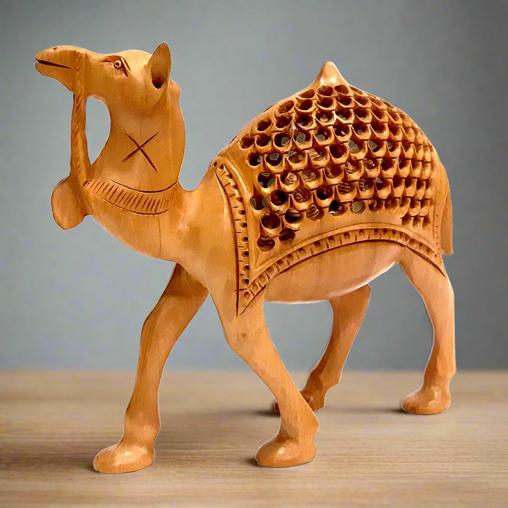 Fine quality wooden camel statue with detailed lattice and undercut patterns, ideal for home decor or gifting.