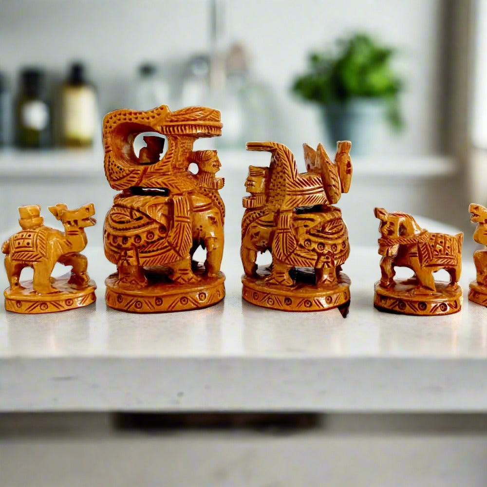 A fine workmanship wooden chess set with Ambabadi figurines and a velvet box, perfect for collectors.