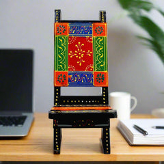 Folding wooden mobile holder with chair design, perfect for office table decor and mobile safety