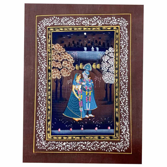 Full view 28x20cm Radha Krishna love painting night scene color mastery