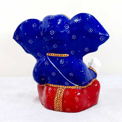 Metal Ganesha idol with meenakari hand painting, holding laddoos and blessing hand, perfect gift for art lovers