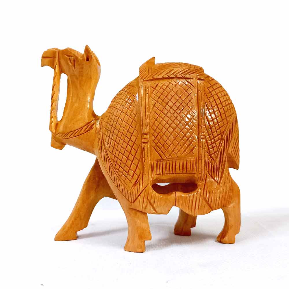 Full view of kathidar wooden statue carving camel figurine ideal for gifting