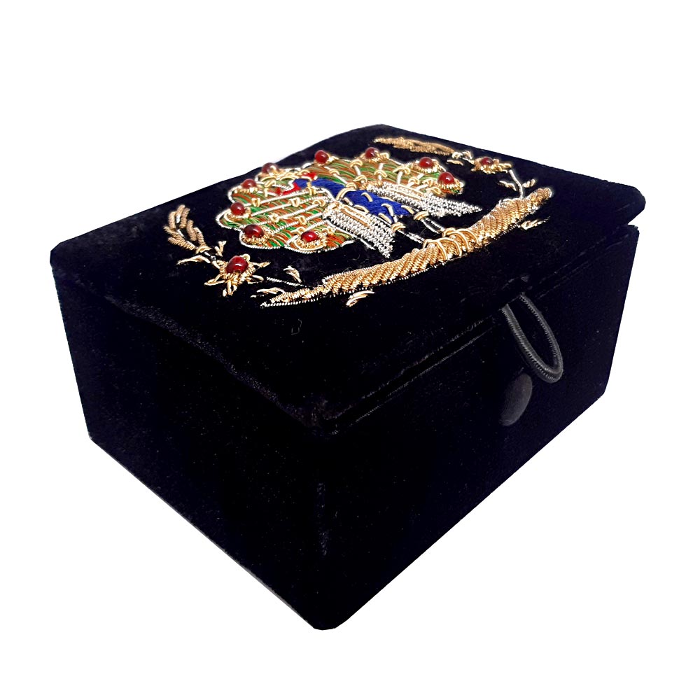 Gift-worthy black velvet jewelry box featuring artistic zardosi peacock embroidery with metallic silver and gold threads.