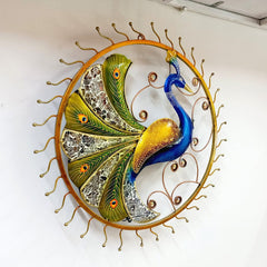 Metal wall hanging peacock showpiece with spectacular glass accents on feathers and colorful hand artistry.