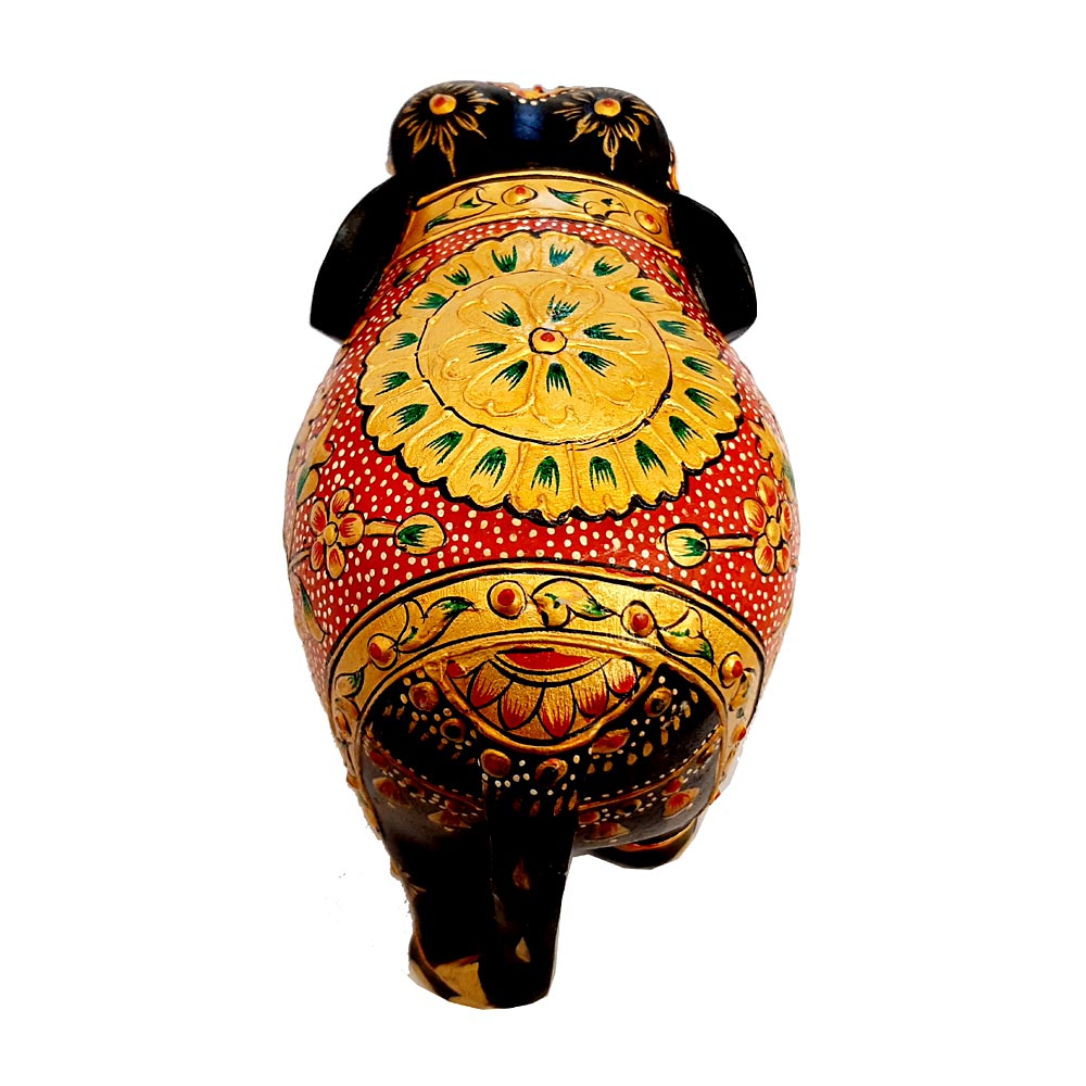 Gold emboss floral painting on red and black wooden elephant with low trunk, elegant home decor showpiece