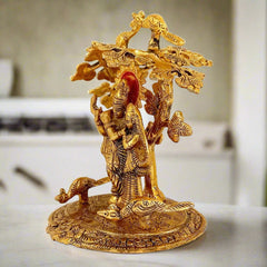 Gold oxidized metal Radha Krishna statue ideal for gifting on weddings, anniversaries, and housewarming