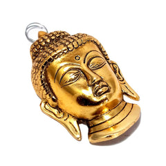 Metal Buddha head decorated with golden oxidize finish, perfect for hanging on fridge or wardrobe.