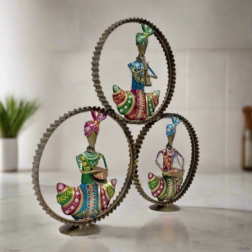 Golden ring design metal musical showpiece with Rajasthani musicians playing various instruments, perfect for table decor.