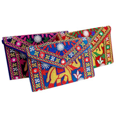 Hand-embroidered silk clutch purse featuring stylish design and practical zip compartment.