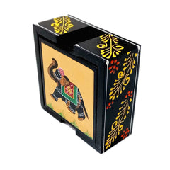A beautiful hand-painted wooden coaster set with elephant, horse, and camel designs, and a decorated stand.