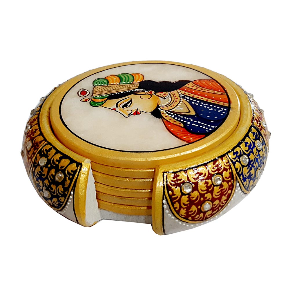 Hand-painted lady design on marble coasters, ideal for elegant table decor and everyday use