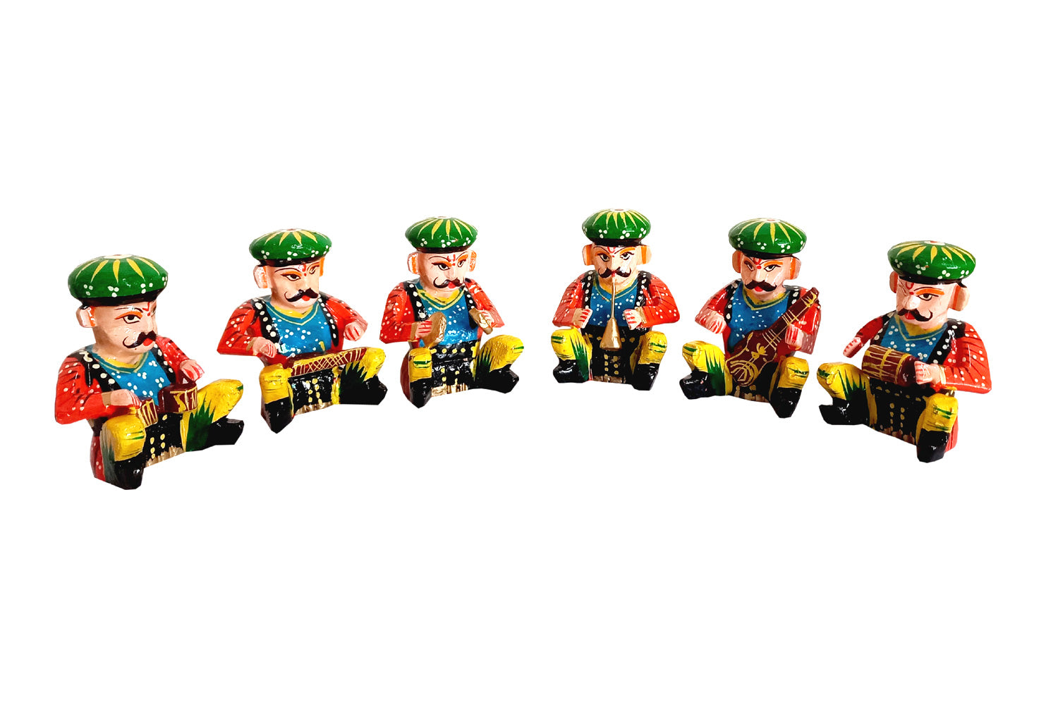 A colorful hand-painted Rajasthani musician set made of wood, perfect for home decor.