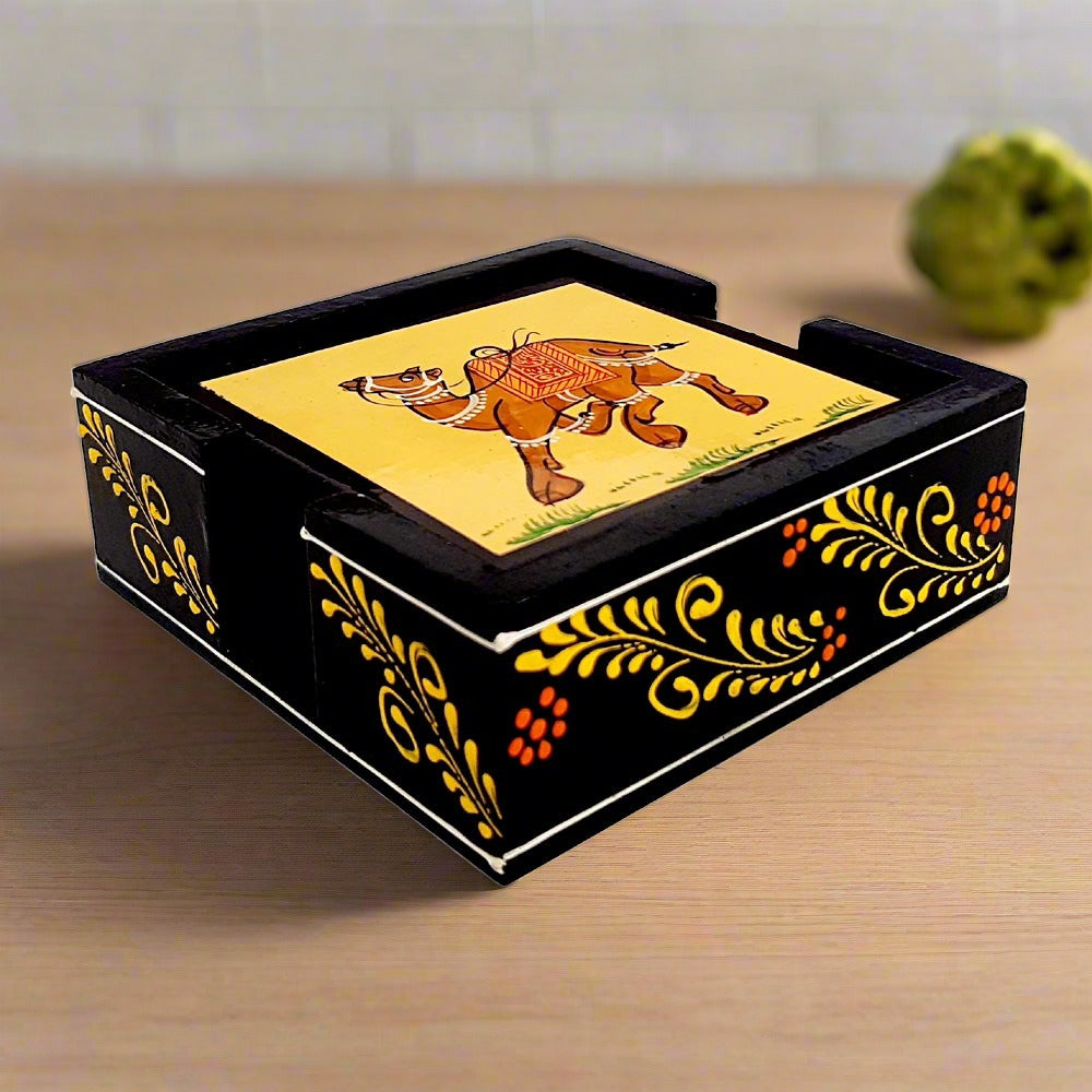A hand-painted wooden coaster set of 6, with a stand decorated with a floral design.
