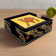 A hand-painted wooden coaster set of 6, with a stand decorated with a floral design.