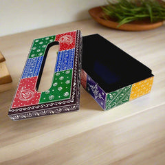 Hand-painted wooden tissue box with vibrant traditional designs, perfect for home, office, or car decor.