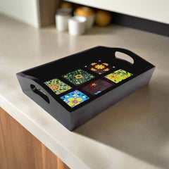 Wooden tray featuring hand-painted art with colorful ceramic tile inlays, suitable for holding six water glasses.