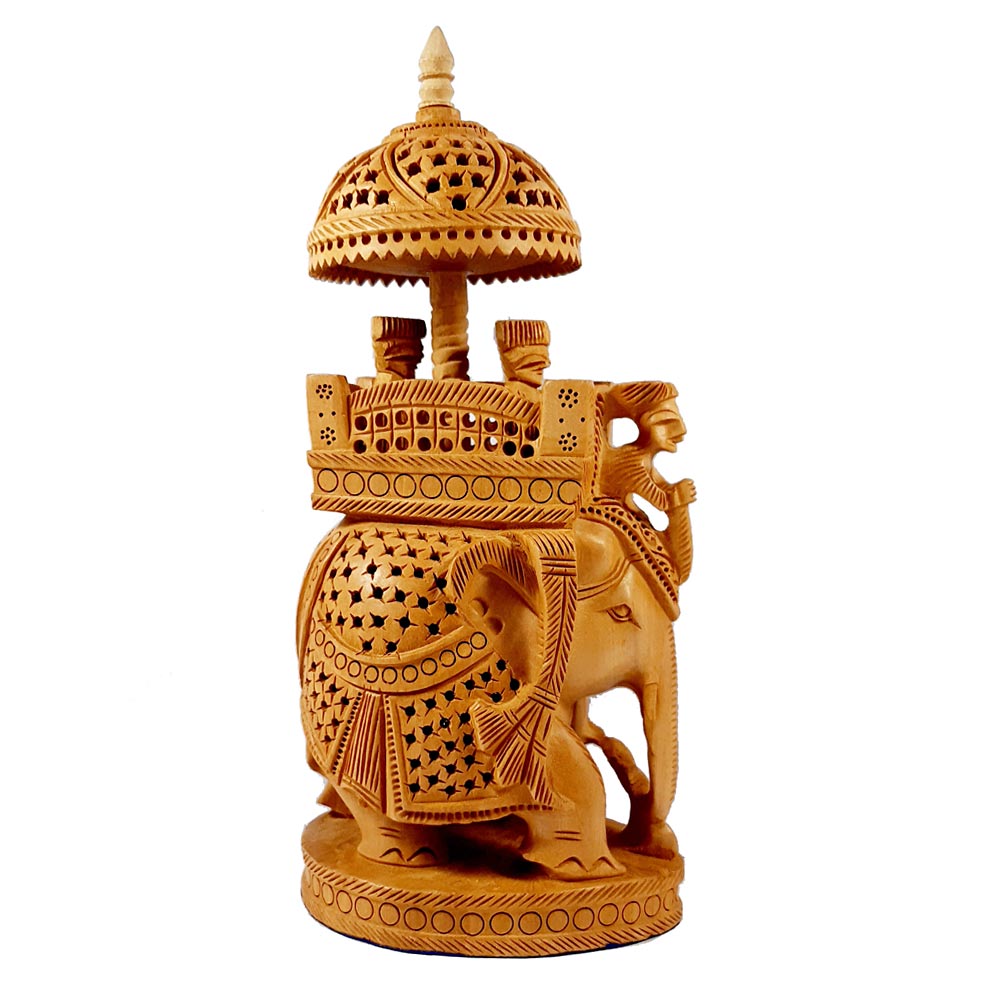 Handcrafted wooden Ambabari elephant statue depicting a royal palanquin ride with mahout.