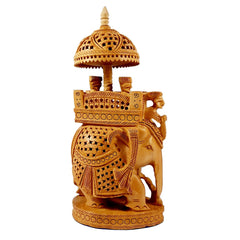 Handcrafted wooden Ambabari elephant statue depicting a royal palanquin ride with mahout.