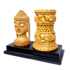 Handcrafted wooden Buddha pen stand, perfect for workspace organization.