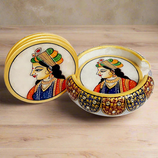 Handcrafted pure marble coaster set with six coasters featuring intricate lady paintings