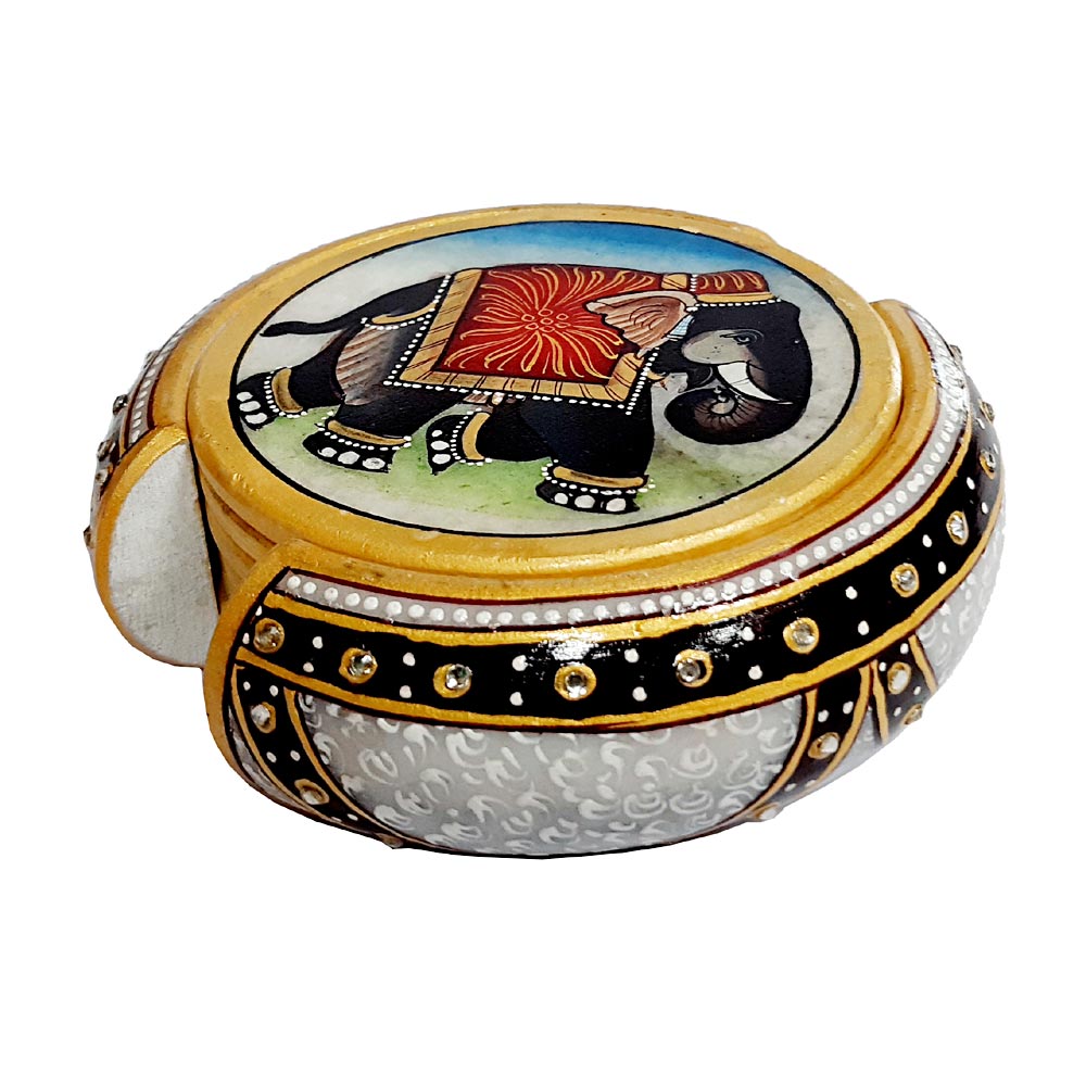 Handcrafted round marble coaster with intricate elephant design and white kundan-studded holder