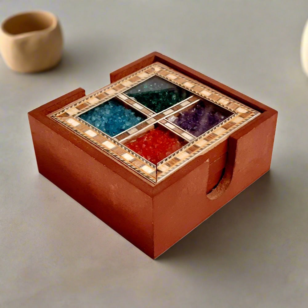 Handcrafted teak wood gemstone coasters decorated with fine inlay