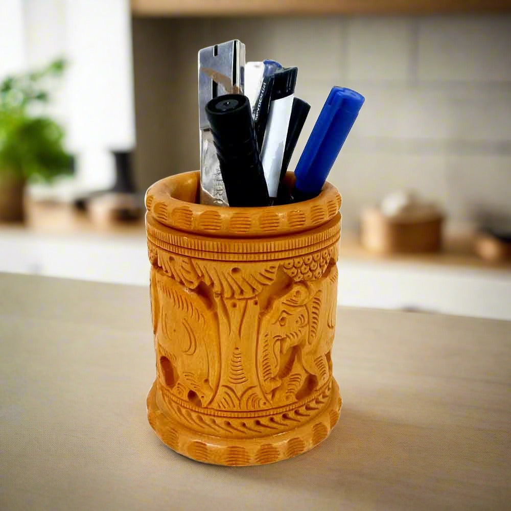 A handcrafted wood pen stand that serves as an amazing desk organizer for pens, pencils, and markers.
