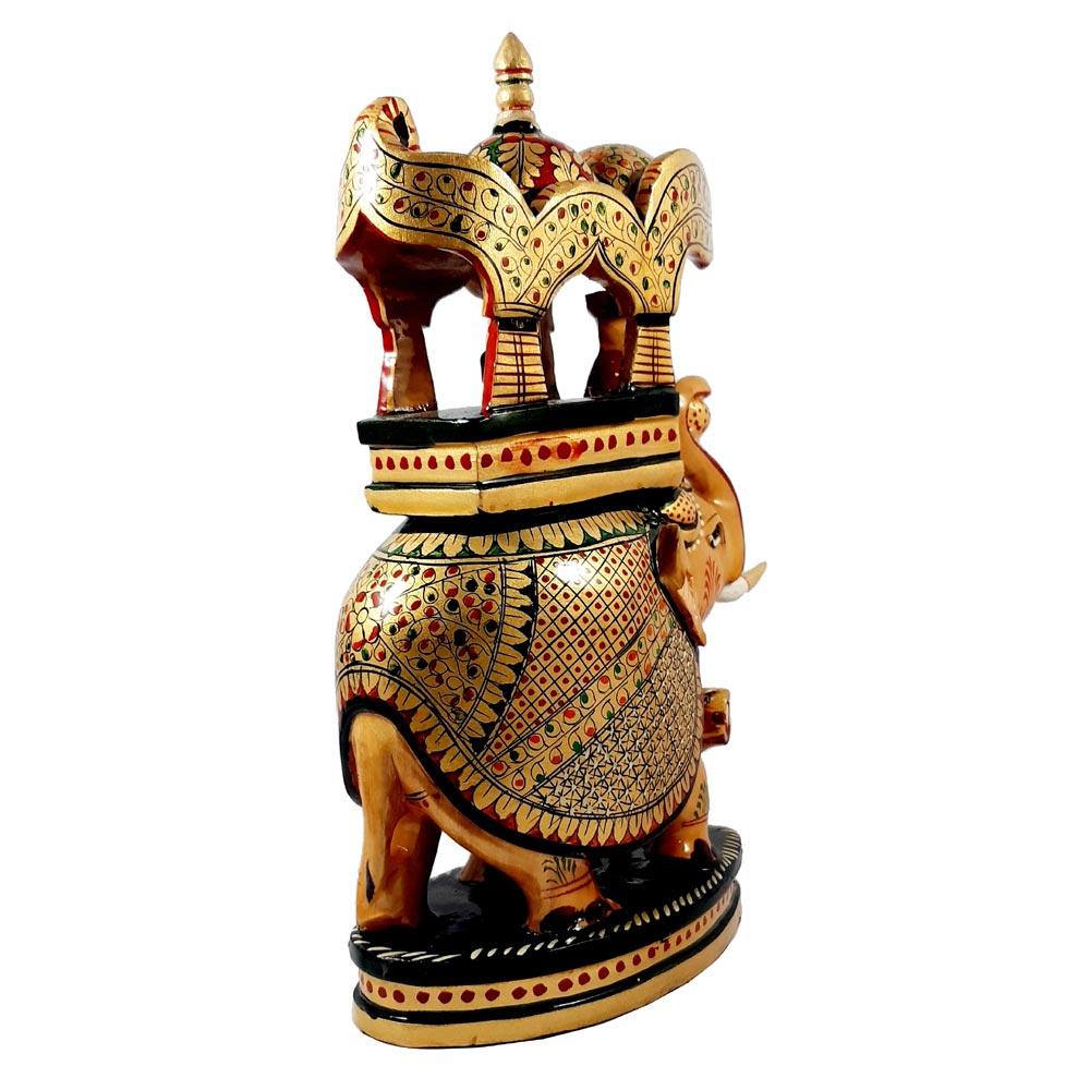 Handcrafted wooden Ambabari elephant statue with exquisite hand painting, ideal for gifting and decorating.