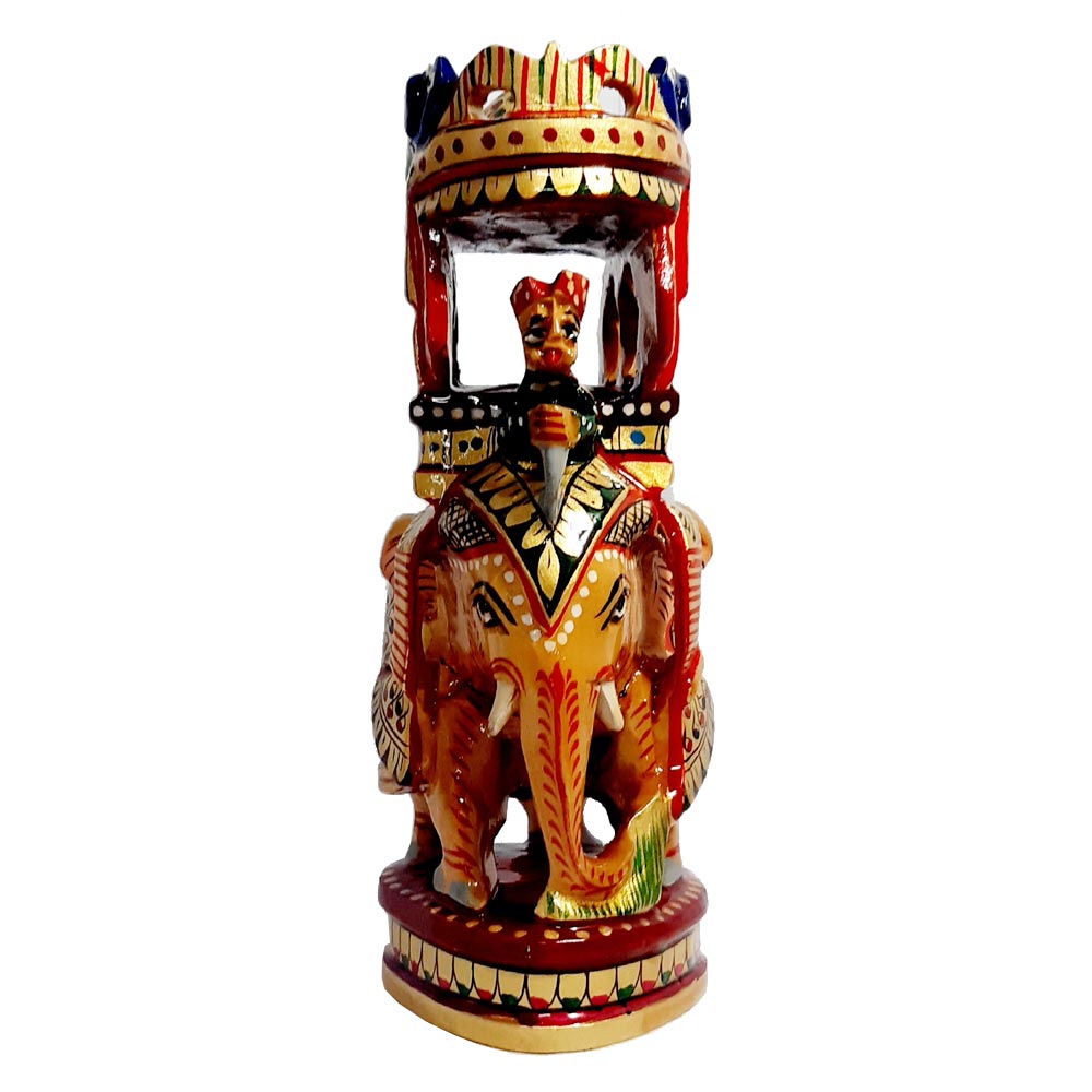 Beautifully handcrafted wooden Ambabari elephant statue with vibrant colors and classic motifs