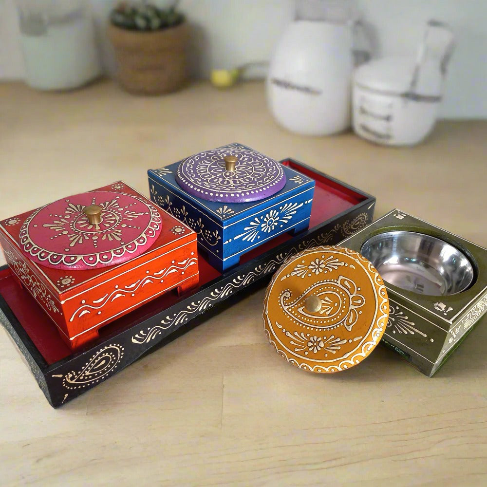 Handcrafted wooden dry fruit box featuring three steel bowls in a tray, perfect for kitchen and dining table decor.