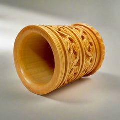 Handmade Kadamba wood pen holder with detailed leaf design, ideal for employees and friends gifts