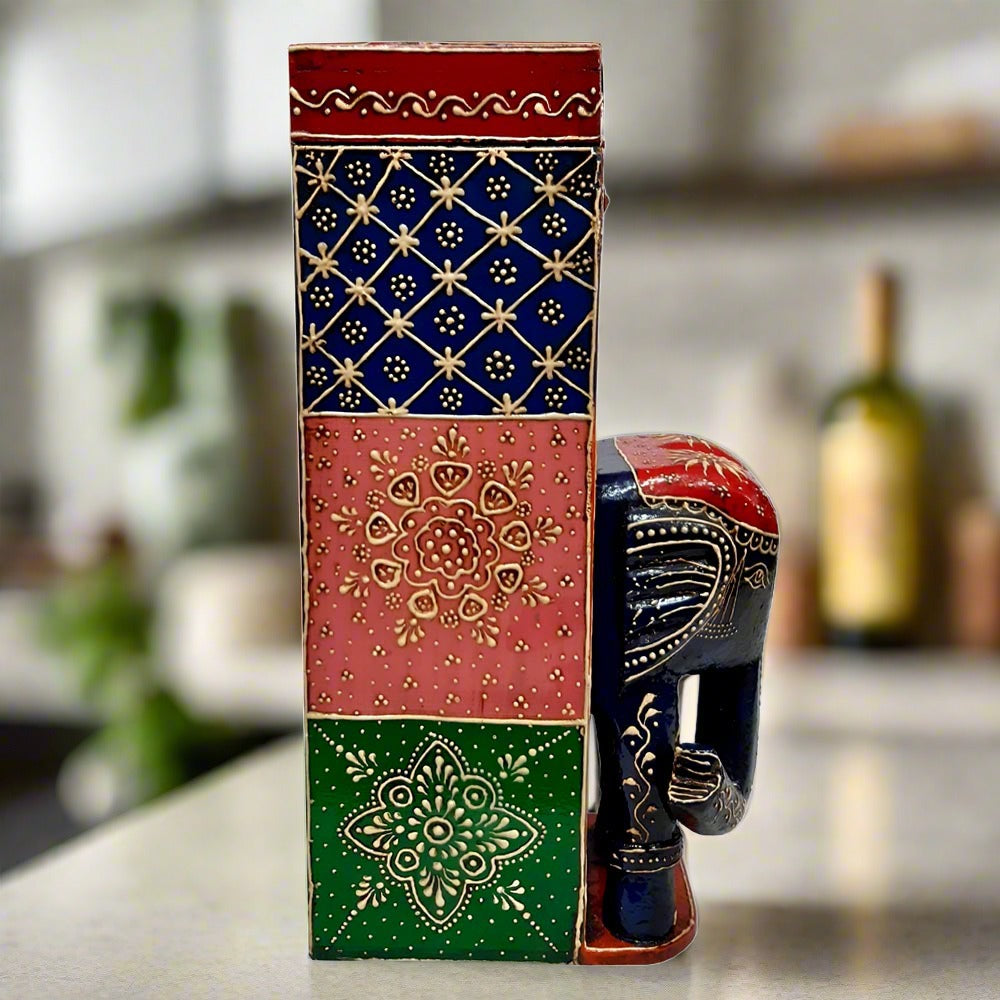 Handcrafted wooden wine box adorned with embossed elephant painting and traditional hand painting on all sides.