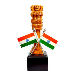 Handmade wooden Ashoka Pillar featuring two Indian flags on front, elevating office decor