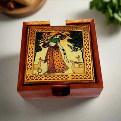 A handmade gemstone coaster set with brass work on each coaster and a matching holder.