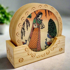 Handcrafted gemstone painting round tea coaster set featuring traditional motifs and vibrant colors