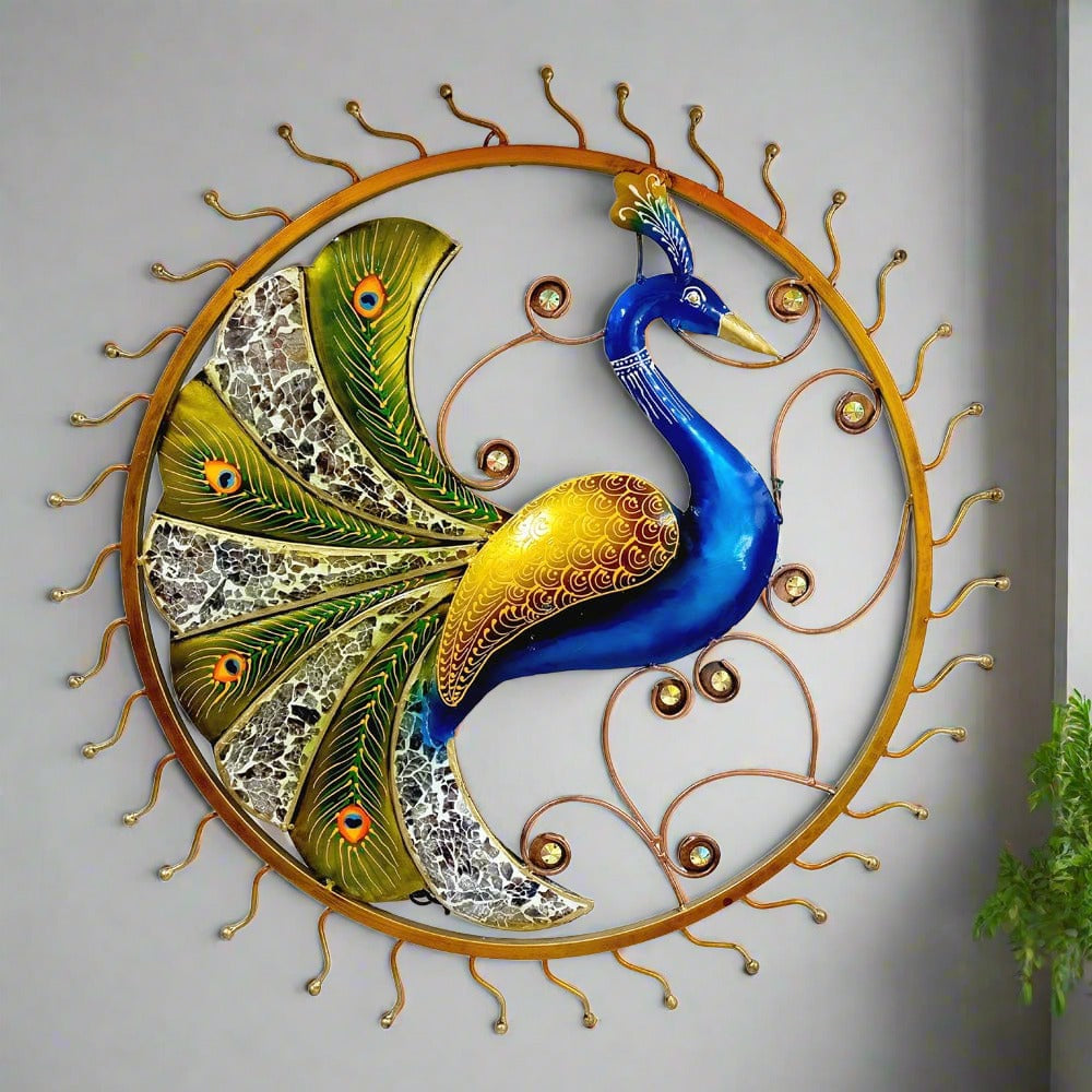 Handmade metal peacock wall decor showpiece with attractive hand painting and feathers adorned with glass pieces.