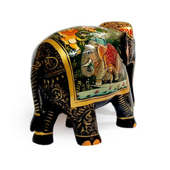Handmade Mughal painting on wooden elephant statue carved from Kadamba wood, elegant home decor piece